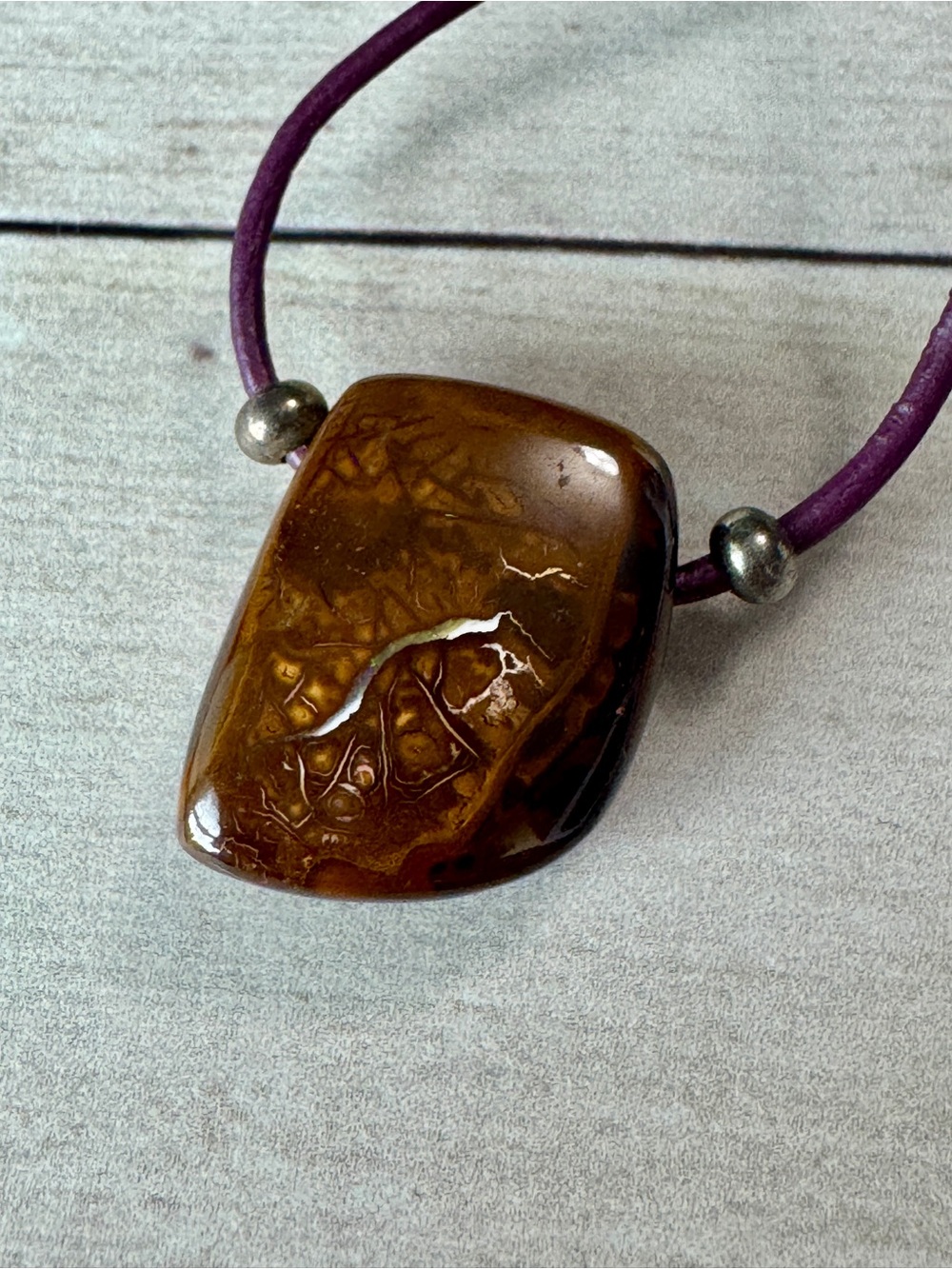 Hand Crafted Boulder Opal Pendant on Purple Cord - Picture 3 of 4